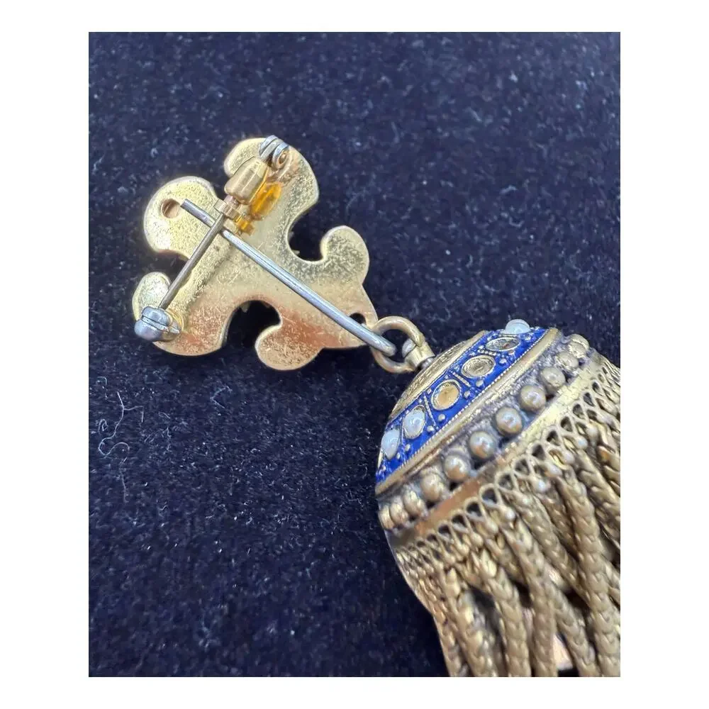 Antique Gold Tone Blue Enamel & Pearl Watch Brooch